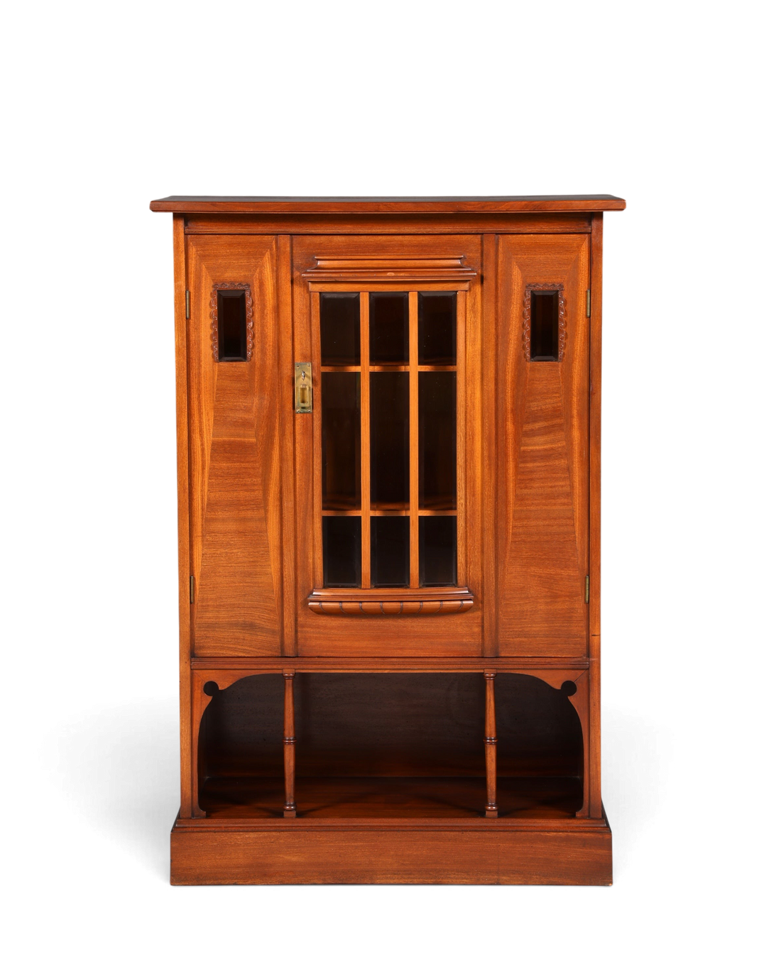 Hauptstadt Möblerei Jugendstil Vitrine aus Eiche mit Glastür und offenem Ablagefach im antiken Design