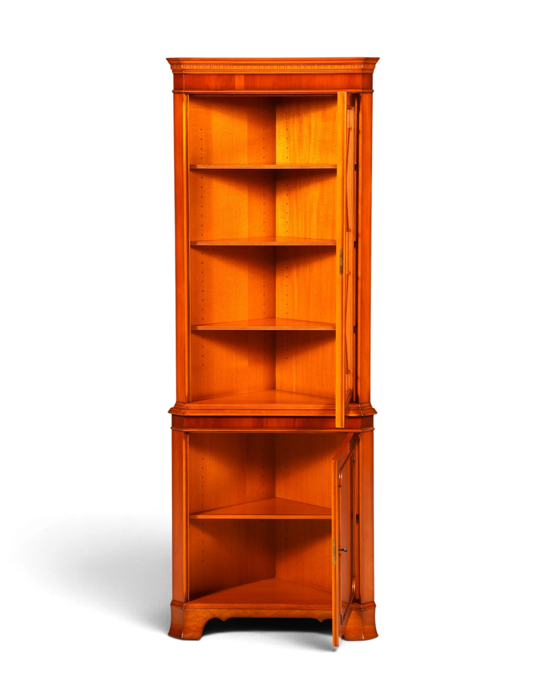 Hauptstadt Möblerei Heldense Eckvitrine aus Eibenholz im englischen Antik-Stil mit Glastüren und Einlegeböden
