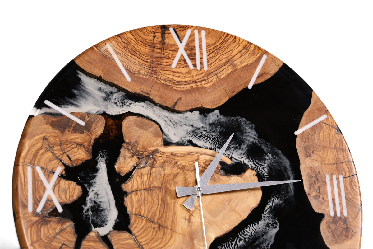 Beeindruckende Handgefertigte XXL Epoxidharz Uhr Olivenbaum Wanduhr Epoxy Analog Uhr