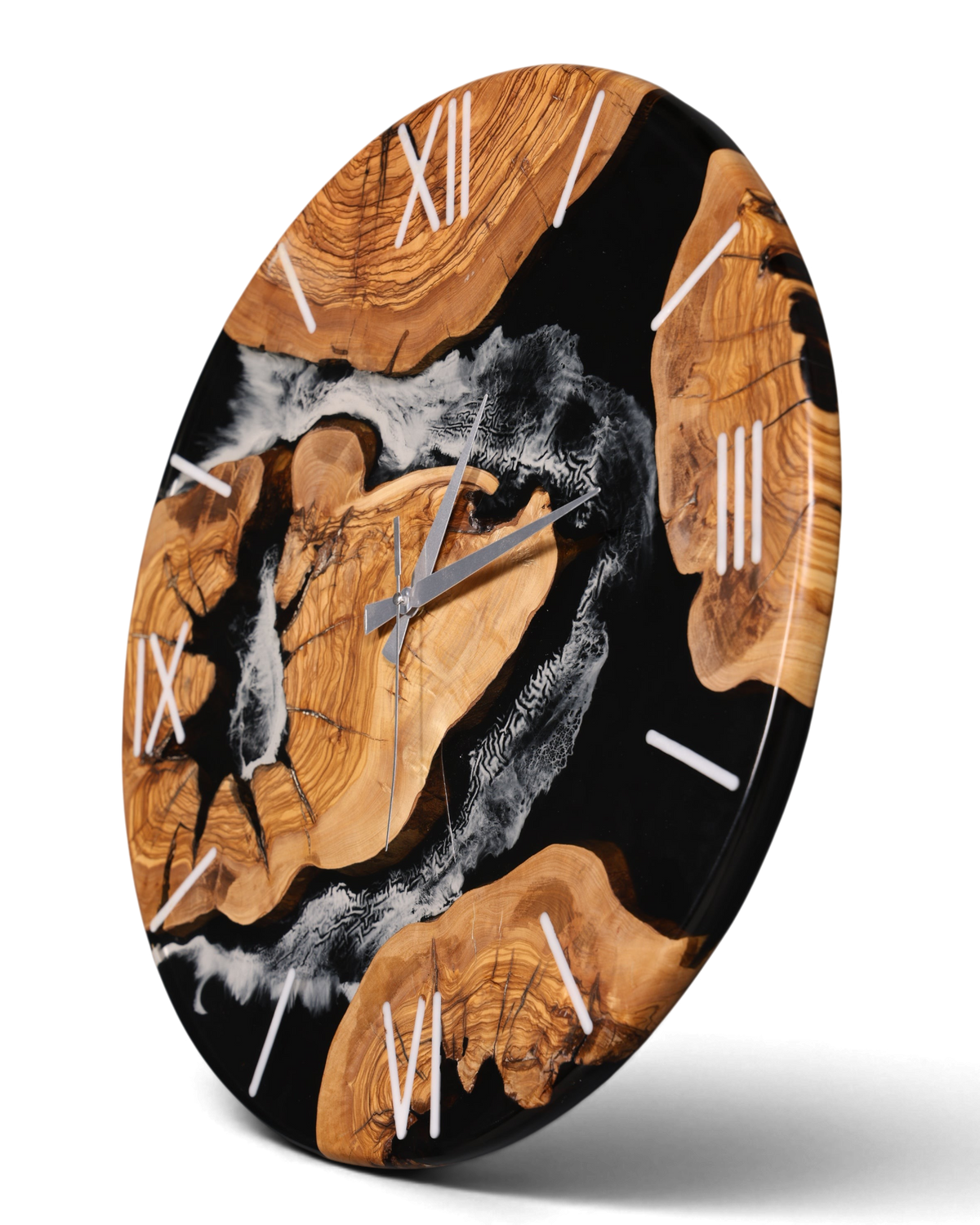 Beeindruckende Handgefertigte XXL Epoxidharz Uhr Olivenbaum Wanduhr Epoxy Analog Uhr