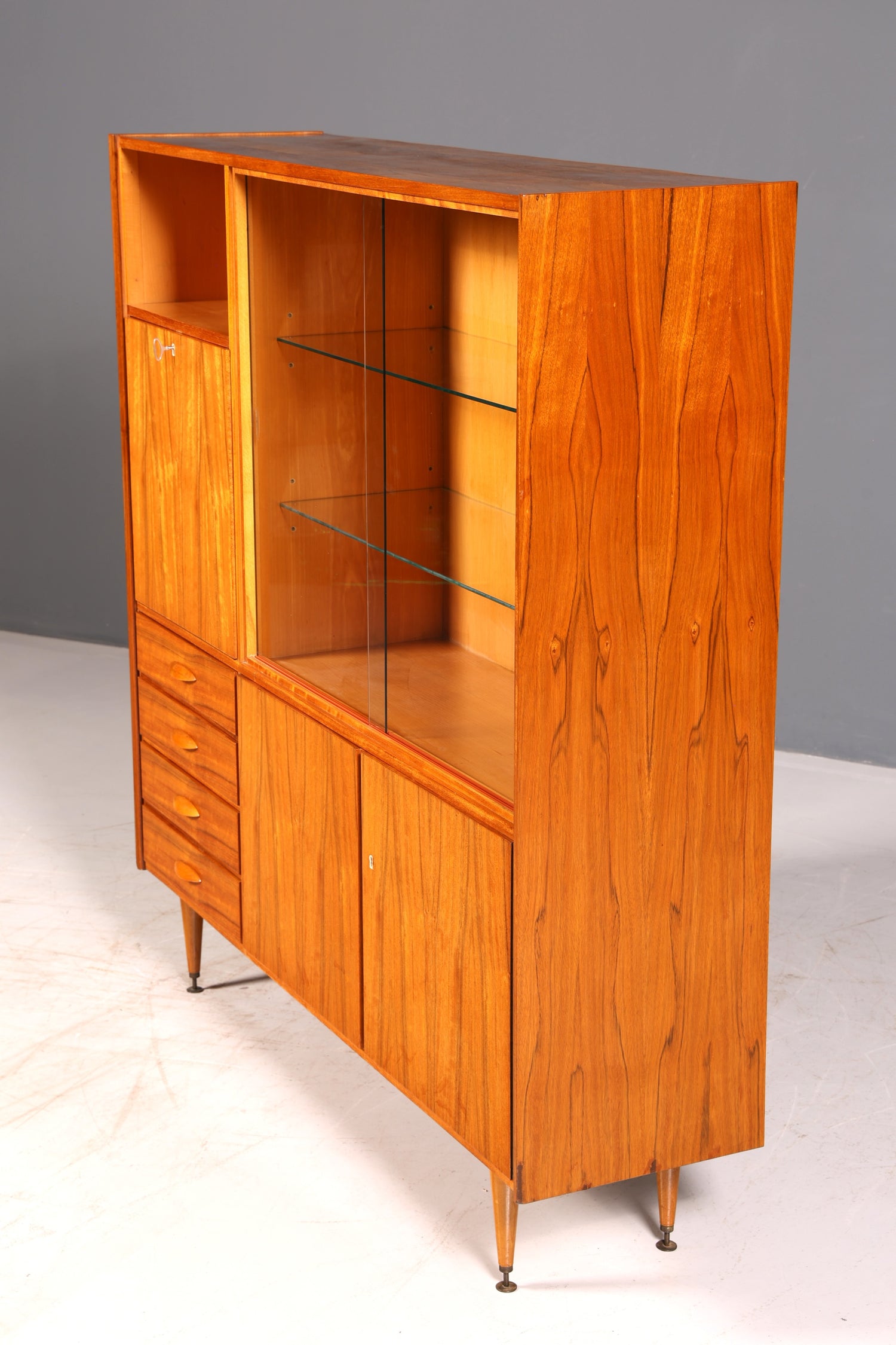 Wunderschöner Mid Century Schrank Vintage Highboard Vitrine Bücherschrank Wohnzimmerschrank Barschrank echt Holz 60er