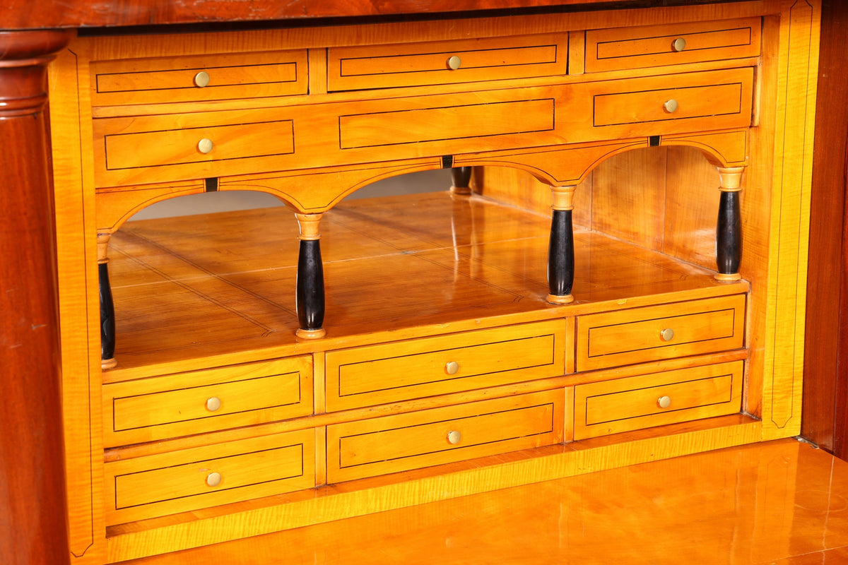 Magnifique secrétaire Biedermeier original vers 1860, commode antique, commode de bureau anglaise avec colonnes