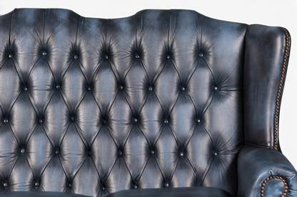 Hauptstadt Möblerei blaues Chesterfield 3-Sitzer Sofa aus Echtleder mit klassischer Knopfheftung und Ziernägeln