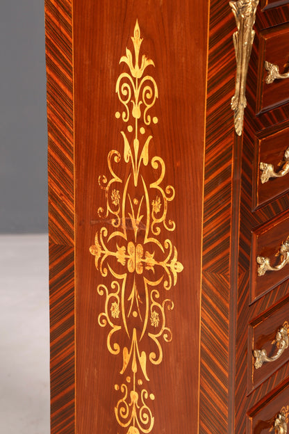 Magnifique buffet haut de style baroque Louis XV, marbre, vertiko, commode marquetée