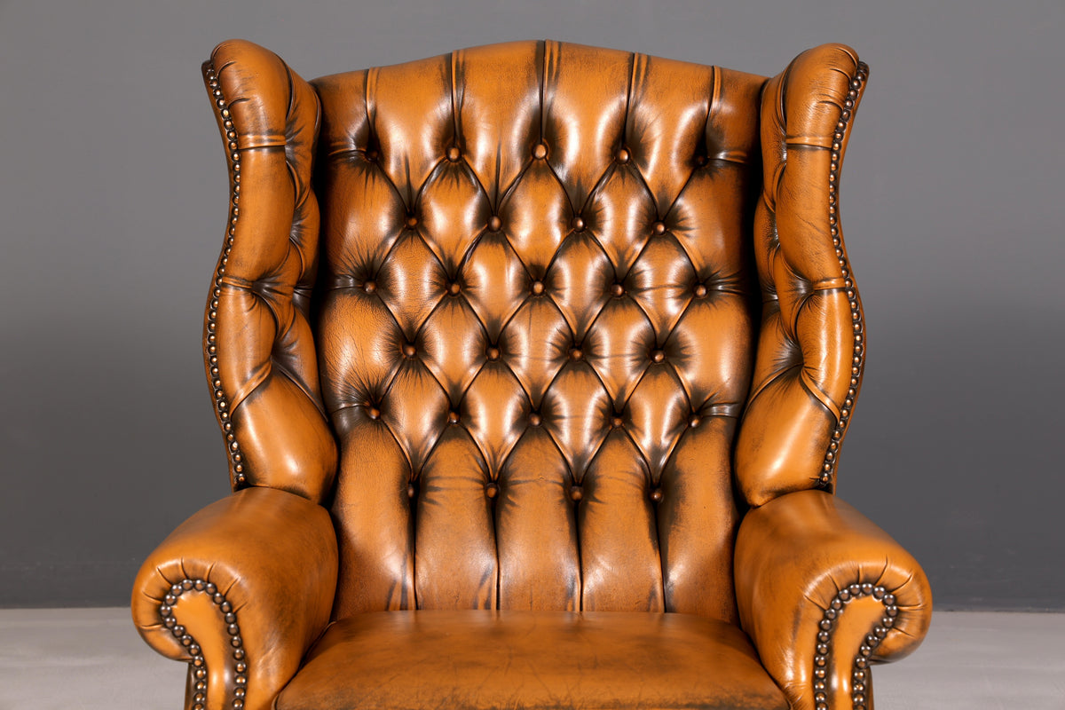 Magnifique fauteuil à oreilles Chesterfield original en cuir véritable anglais, fauteuil de maître, fauteuil relax inclinable, vintage