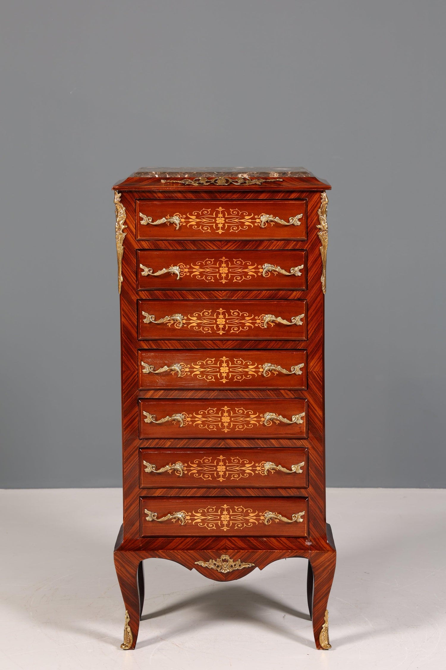 Wunderschönes Barock Stil Louis XV Highboard Marmor Vertiko Intarsien Kommode