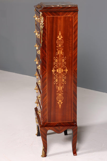 Wunderschönes Barock Stil Louis XV Highboard Marmor Vertiko Intarsien Kommode