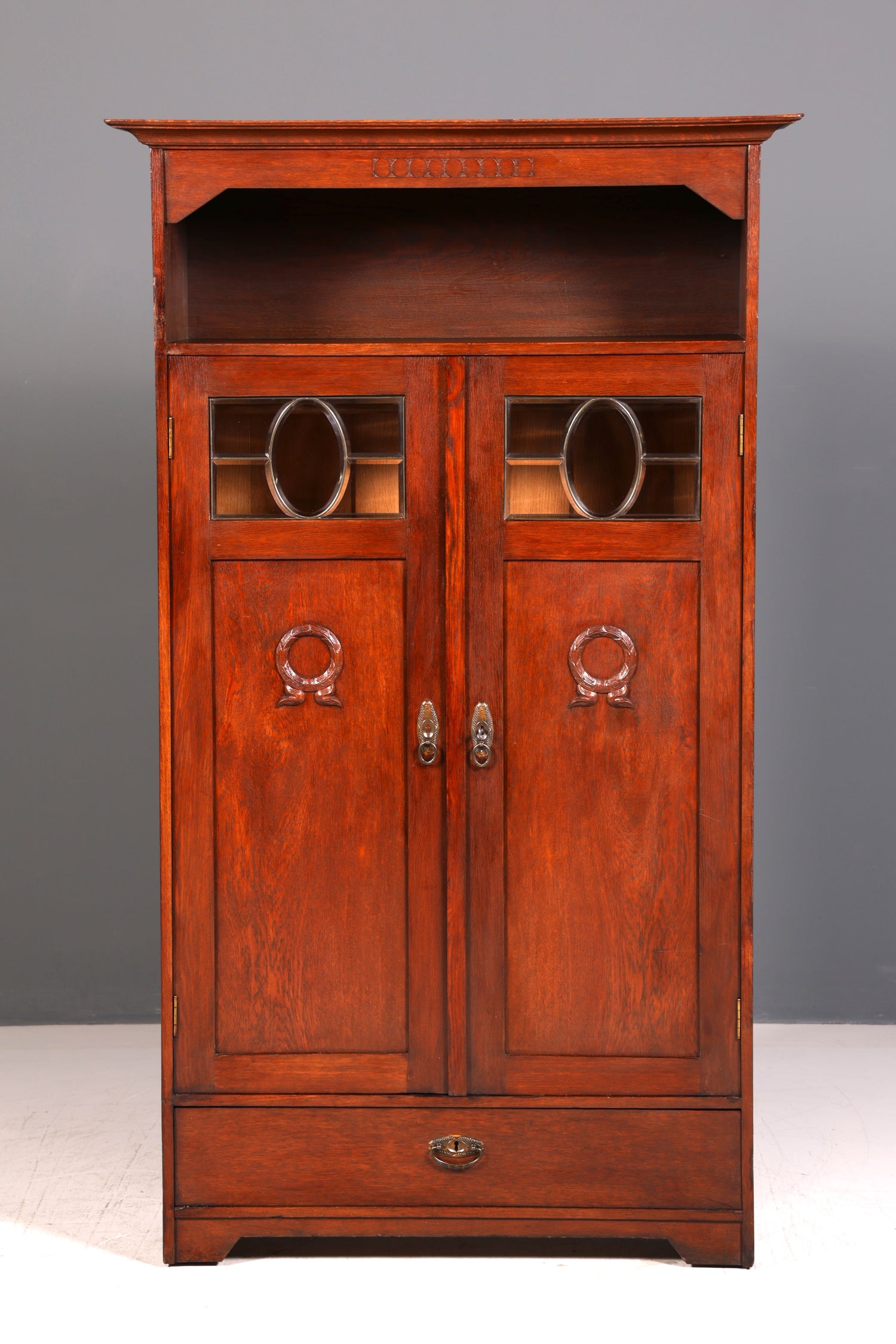 Traumhafte Jugendstil Vitrine Eiche Antik Bücherschrank Geschirrschrank Massiv Holz Glasvitrine Vitrinenschrank Vintage