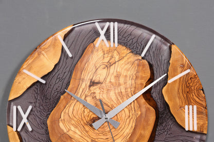 Horloge murale élégante en résine époxy faite à la main, motif olivier, horloge analogique grise en époxy