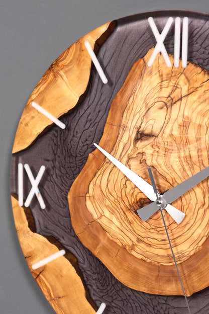 Horloge murale élégante en résine époxy faite à la main, motif olivier, horloge analogique grise en époxy
