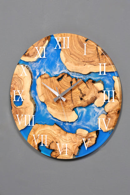 Wunderschöne Handgefertigte Epoxidharz Wanduhr Olivenbaum Blue Sea Uhr Epoxy Analog Uhr