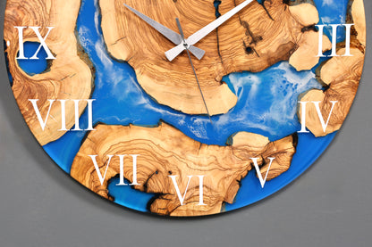 Wunderschöne Handgefertigte Epoxidharz Wanduhr Olivenbaum Blue Sea Uhr Epoxy Analog Uhr