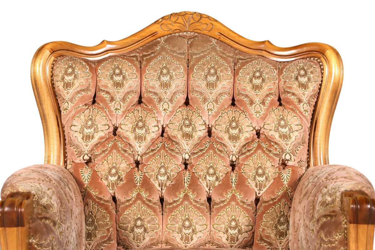 Hauptstadt Möblerei Chippendale Armlehnsessel im Barock Stil mit gemustertem Samtstoff und geschnitztem Holzrahmen