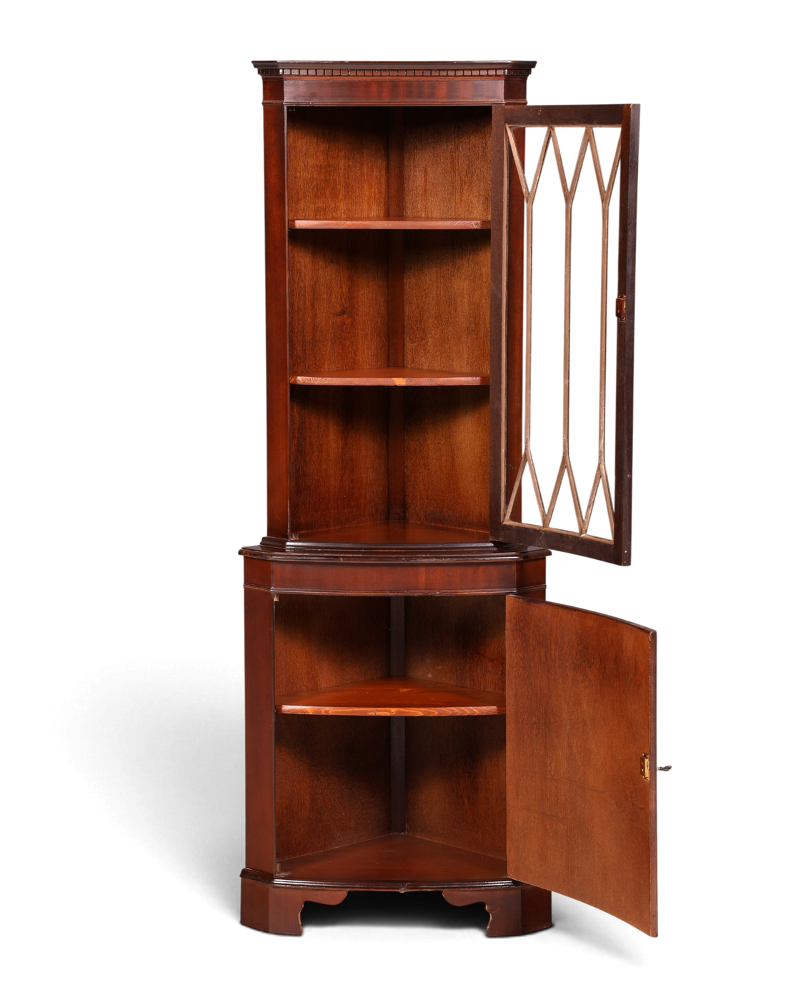 Hauptstadt Möblerei englische Eckvitrine aus Mahagoni mit verglaster Tür und Regalböden im Vintage-Stil