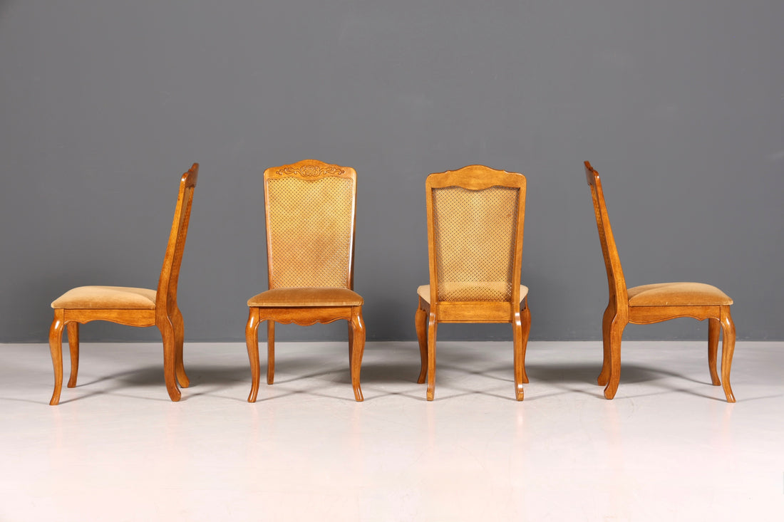 F987 Finish cm 4x Original Chippendale Stuhl Vintage Korbgeflecht Küchenstuhl Samt Stuhl