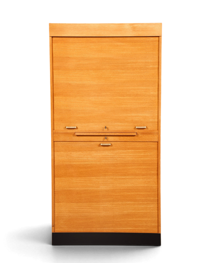 Hauptstadt Möblerei Mid Century Rollladenschrank aus hellem Holz im Bauhaus Stil mit zwei abschließbaren Fächern