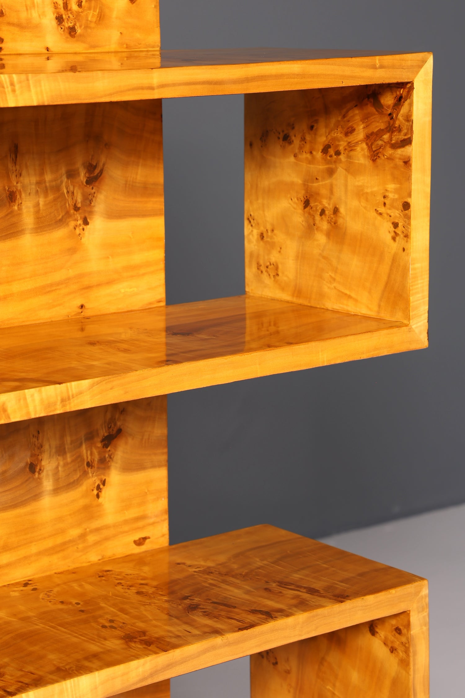 Bibliothèque en bouleau de style Art Déco onirique, meuble de luxe, étagère culte.