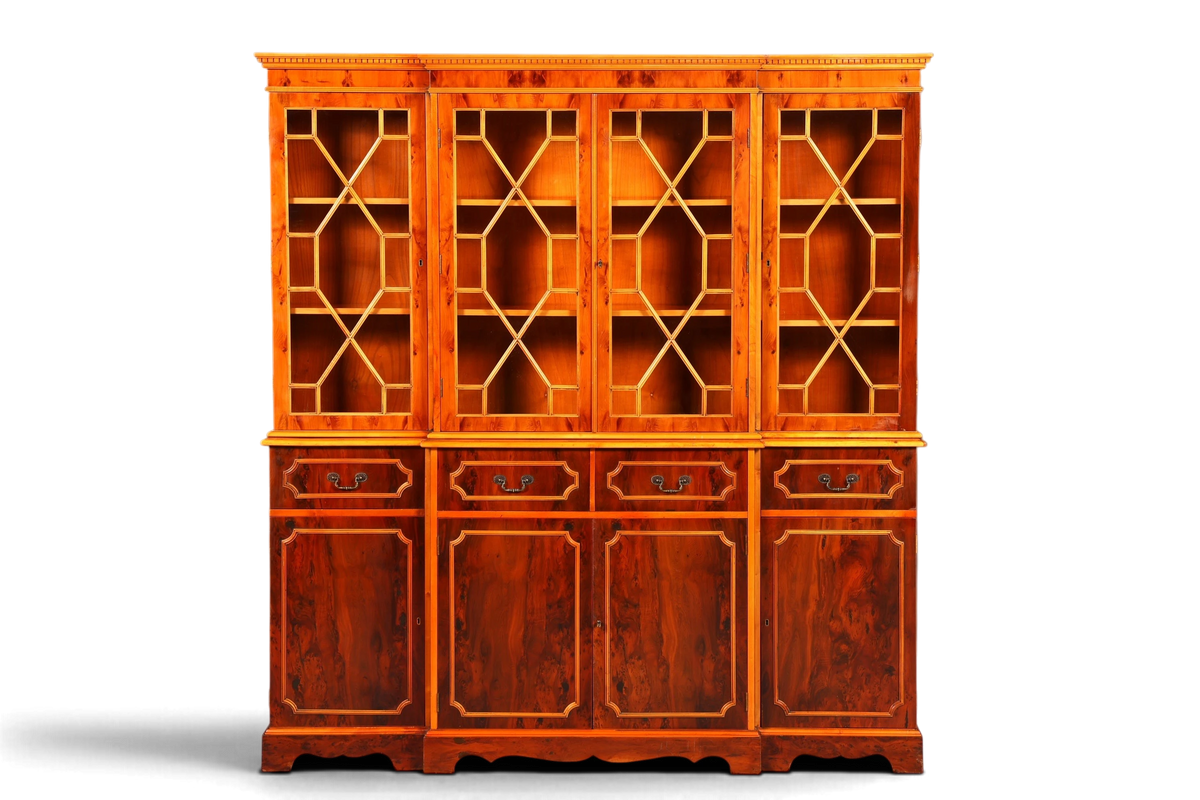 Hauptstadt Möblerei englischer Bücherschrank aus Eibe im Chippendale-Stil mit Glasvitrine und Schubladen