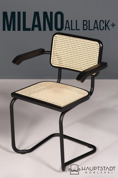 Freischwinger Armlehnstuhl &amp;quot;Milano&amp;quot; Made in Italy Schwarz Korbgeflecht Stuhl Wippstuhl Sekretär Stuhl Küchenstuhl