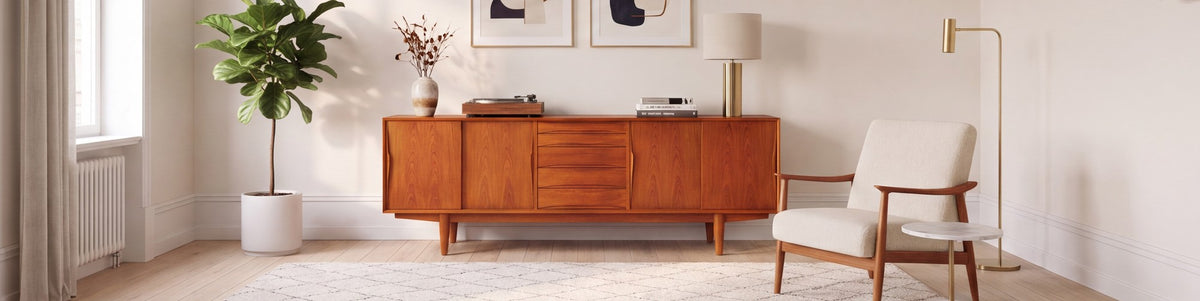 Mid Century Sideboard aus Teak im Wohnzimmer