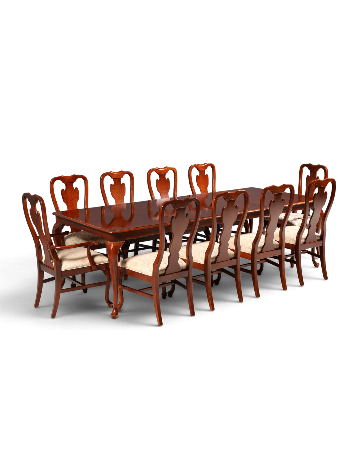 Hauptstadt Möblerei Esstisch-Set aus dunklem Holz mit zehn Stühlen und cremefarbenen Polstersitzen im klassischen Stil