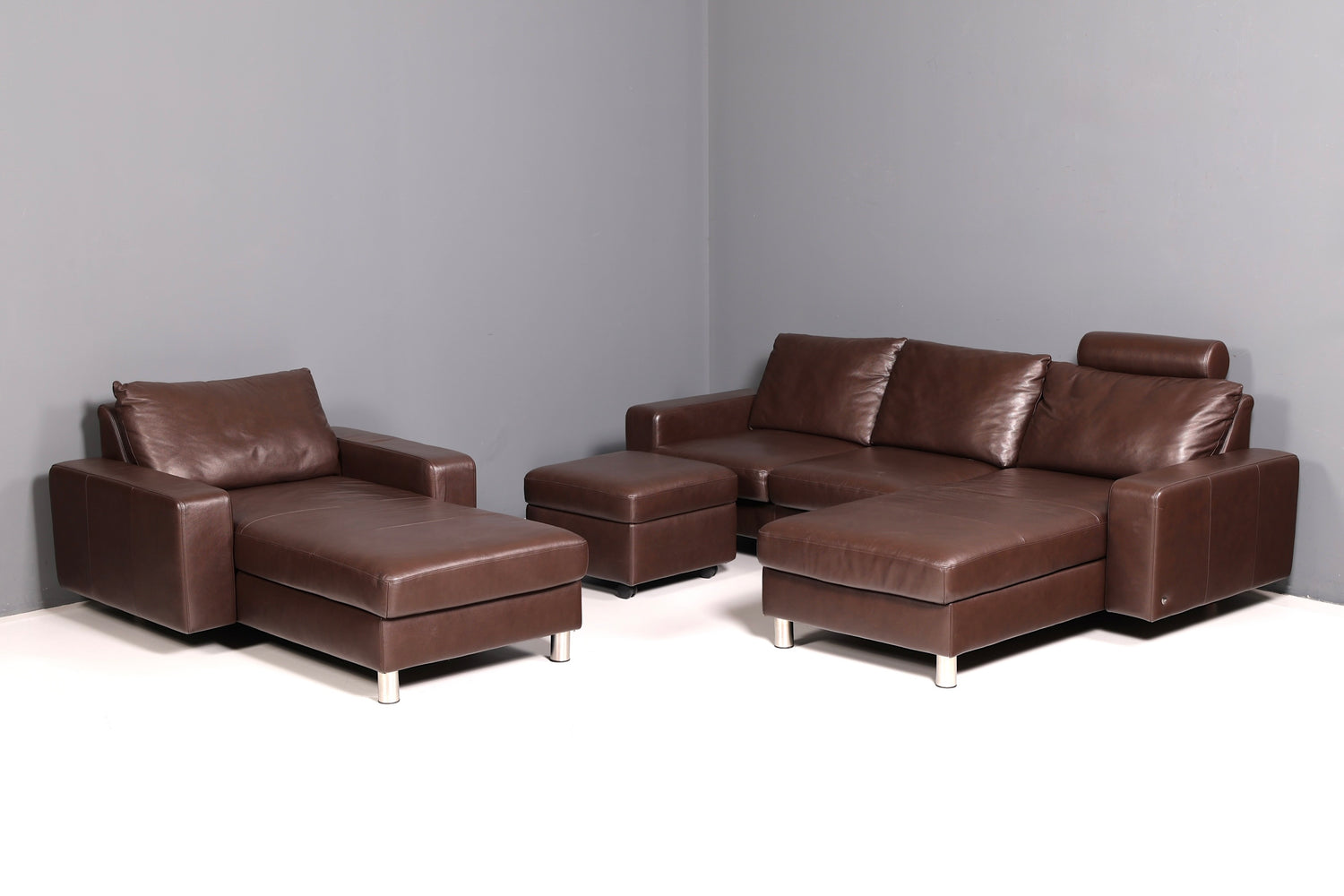 Wunderschönes Stressless E200 Ecksofa Echtleder Braun Sofa mit Récamière Hocker Ledersofa Couch Vintage