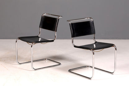 Edler Original Thonet Freischwinger Stuhl Chrom Leder Schwarz Bauhaus Designklassiker Kragstuhl Esszimmer Stuhl Vintage 2 von 2
