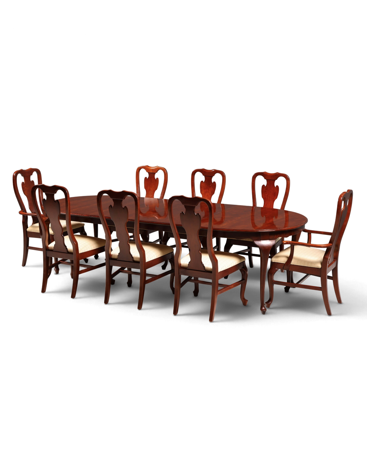 Hauptstadt Möblerei Drexel Heritage Esszimmerstuhl Set im Chippendale Stil aus dunklem Holz mit hellem Polsterbezug
