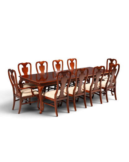 Hauptstadt Möblerei Drexel Heritage Esszimmerstuhl Set im Chippendale Stil aus dunklem Holz mit hellem Stoffbezug