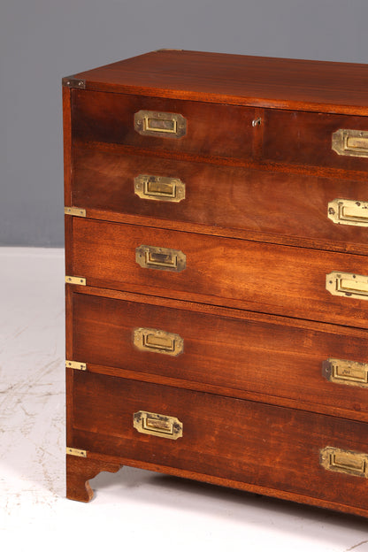 Magnifique secrétaire anglais maritime, commode-bureau avec sous-main en cuir véritable, bureau ancien vintage