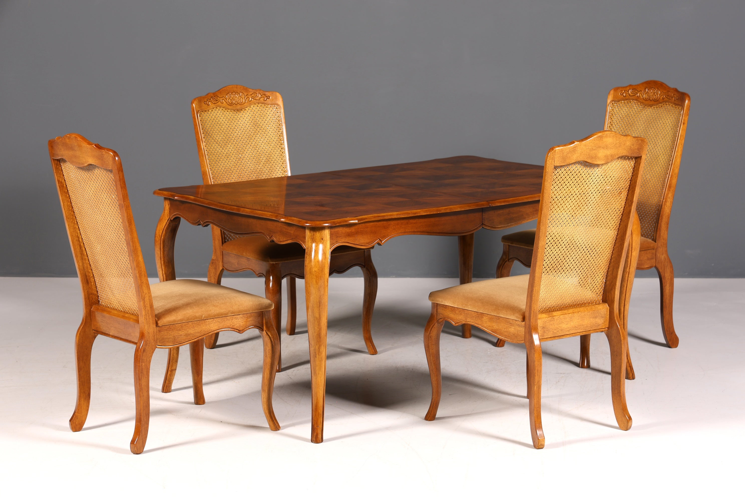 F987 Finish cm 4x Original Chippendale Stuhl Vintage Korbgeflecht Küchenstuhl Samt Stuhl