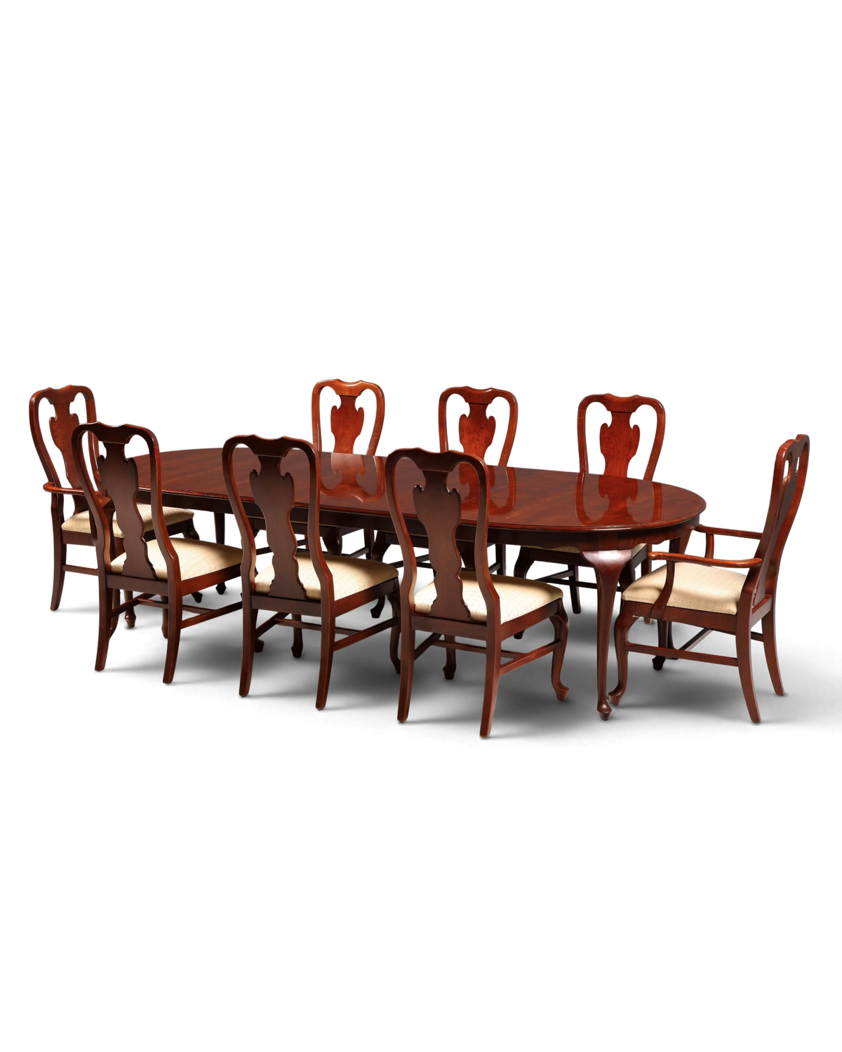 Hauptstadt Möblerei Esszimmer-Set aus dunklem Holz mit ovalem Tisch und acht Stühlen mit cremefarbenen Polstersitzen